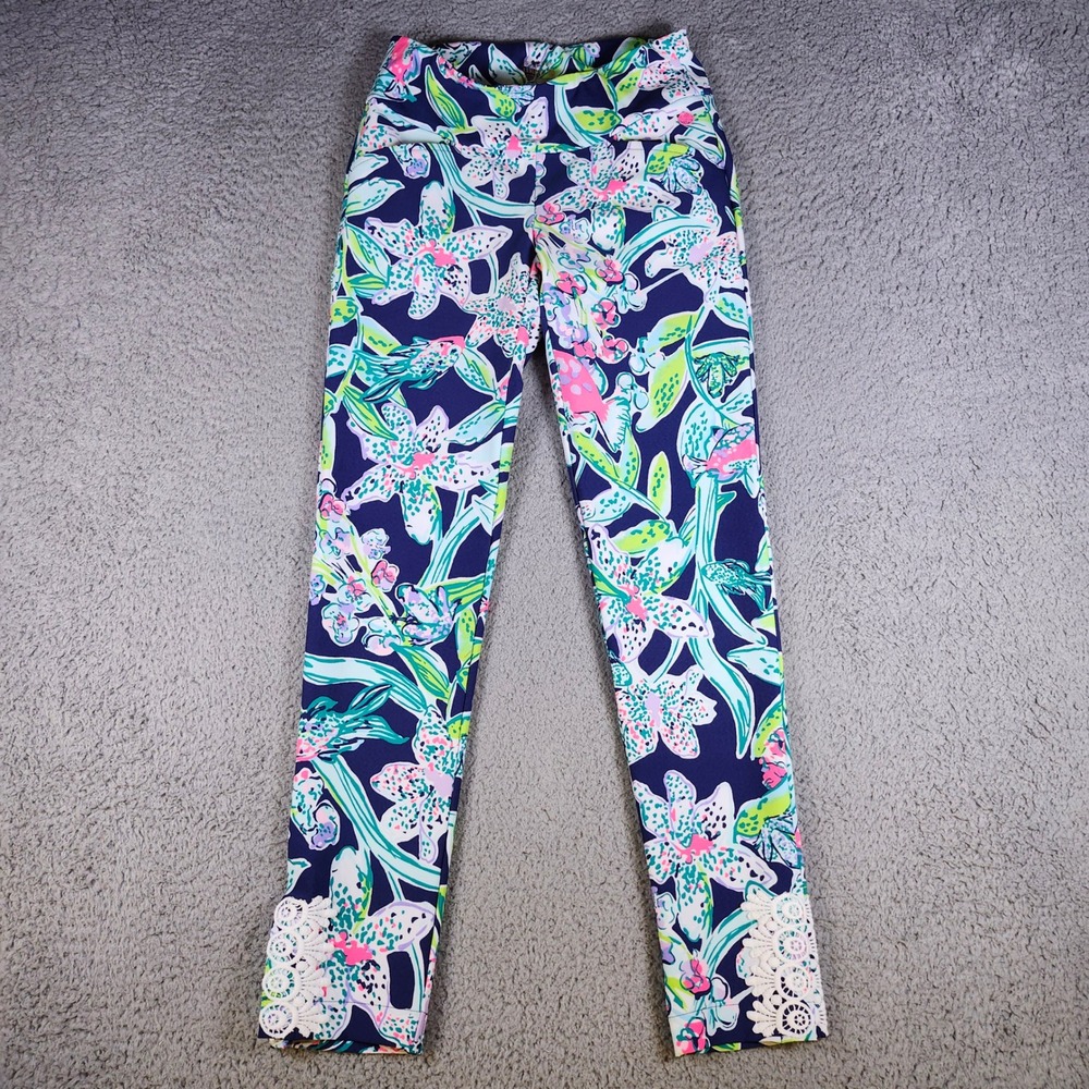 Lilly Pulitzer Luxletic Floral Leggings Navy‎ Pink Lace Trim Size 00 Activewear